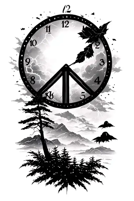 peace and lightining storm and time and nature tattoo design idea