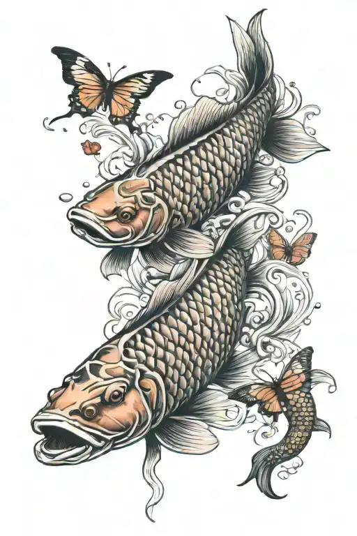 blood red arowana fish and butterfly koi fish transforming tattoo design idea