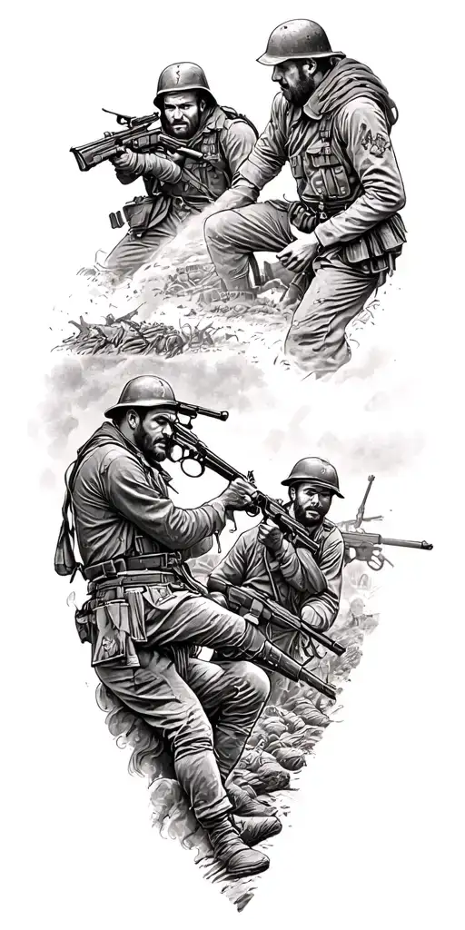 FUll sleeve with multiple images including, royal Irish regiment in Afghan having a gunfight and the uvf at the Somme tattoo design idea