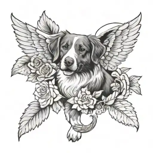 nova scotia duck toller dog  with angel wings rose and paw print surrounded  tattoo design idea