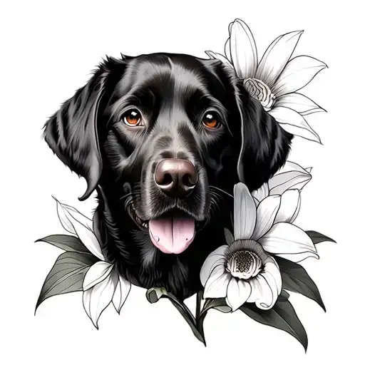 Labrador curled around orchid, sunflower, tulip tattoo design idea