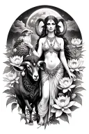 sexy aries goddess surrounded by poeny and lotus flowers growing with a ram and a hawk with mars in the background  tattoo design idea
