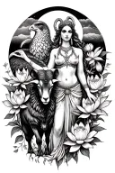 sexy aries goddess surrounded by poeny and lotus flowers growing with a ram and a hawk with mars in the background  tattoo design idea
