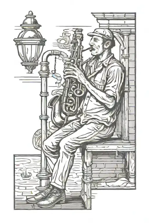 a guy stands leaning on a lamp and plays the clarinet tattoo design idea