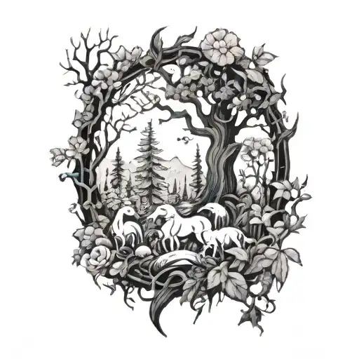 A mystical forest scene with magical creatures inspired by Magic the Gathering tattoo design idea