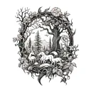 A mystical forest scene with magical creatures inspired by Magic the Gathering tattoo design idea