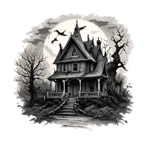 women's haunted house back of thigh  tattoo design idea