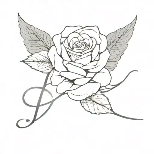 black and gray left angel wing attached cursive letter L. 2 roses and 2 marigold flowers beneath the wing in alternate tattoo design idea