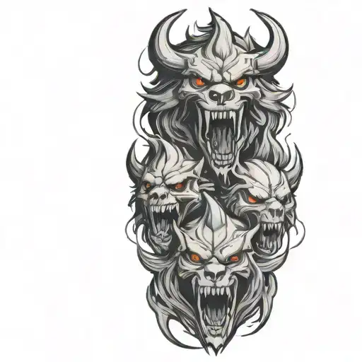 Demonic Bident and Cerberus 3 heads and simple skull and fire and magic no shadows tattoo design idea