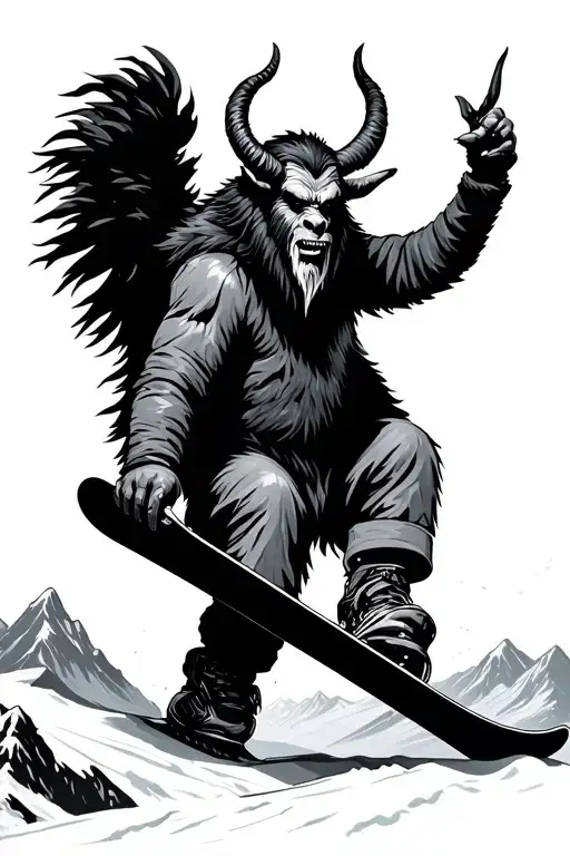 krampus snowboarding on a mountain landscape tattoo design idea