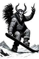 krampus snowboarding on a mountain landscape tattoo design idea