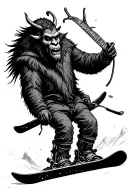 krampus snowboarding on a mountain landscape tattoo design idea