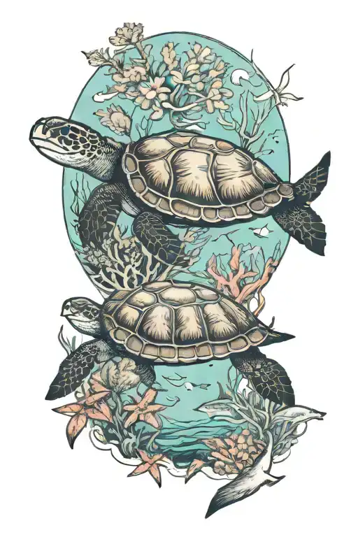 underwater scene with turtle swimming near coral reef, shark, manta ray tattoo design idea