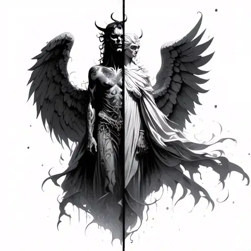 A full-body fusion of an angel and a demon, standing face-forward, symmetrically merged into one being. The left half is tattoo design idea