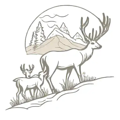 A minimalist design of a family of deer hiking through a hilly landscape tattoo design idea