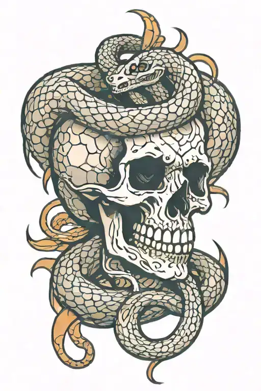 snake coiled around skull with dagger through it tattoo design idea