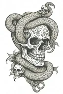 snake coiled around skull with dagger through it tattoo design idea
