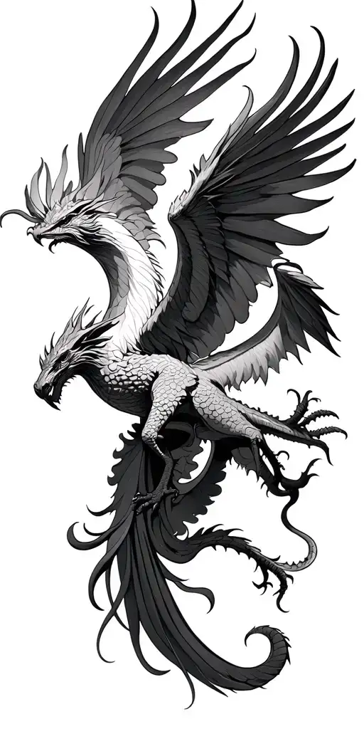 Phenix bird and dragon flying tattoo design idea