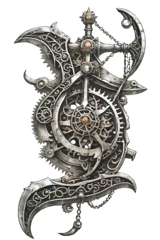 mechanical scythe pendulum on long chain hanging from machine linkage   tattoo design idea