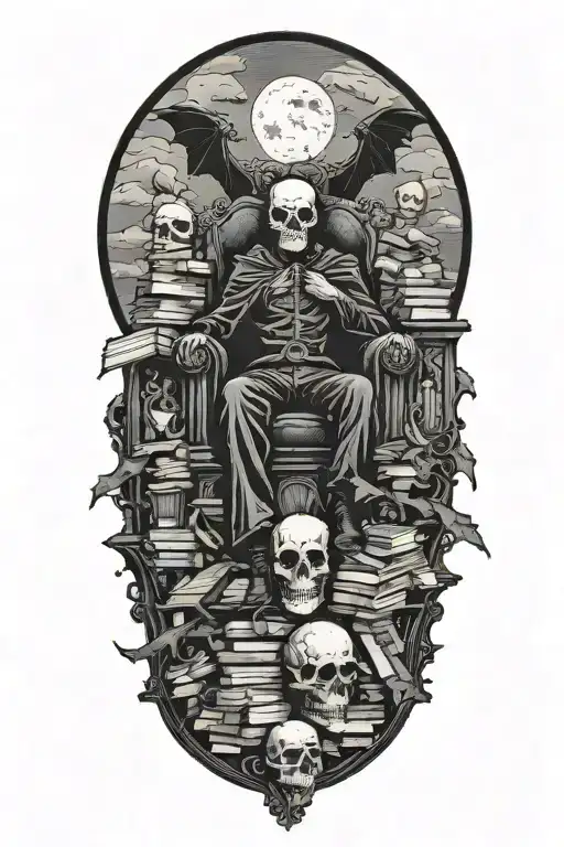 A dark figure sitting on a throne of books and skull. Full moon above. Bats flying. tattoo design idea