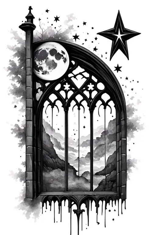 gothic church window with moon and stars tattoo design idea