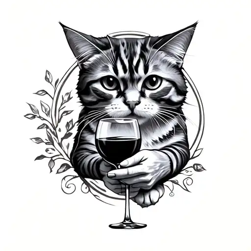 Cat with a wine in hand tattoo design idea