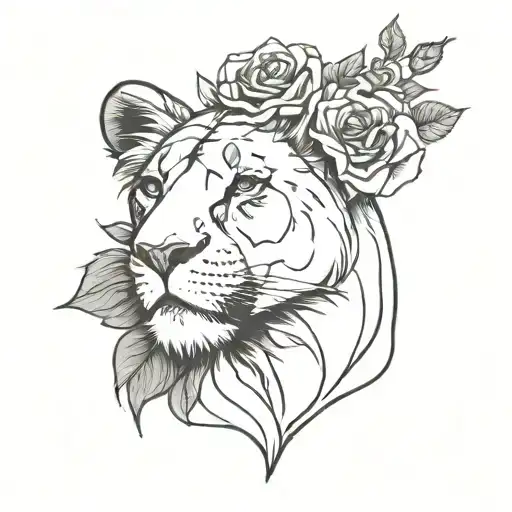 lioness wearing a crown with roses tattoo design idea