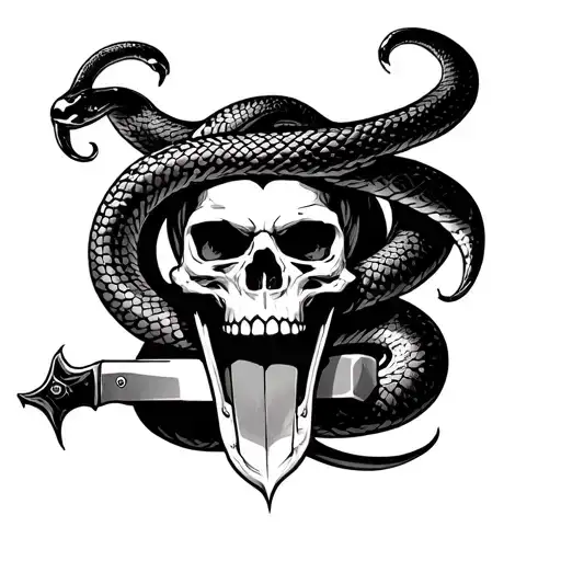 krampus tounge turns into a snake and the snake wraps around the knife through a skull  tattoo design idea