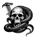 krampus tounge turns into a snake and the snake wraps around the knife through a skull  tattoo design idea