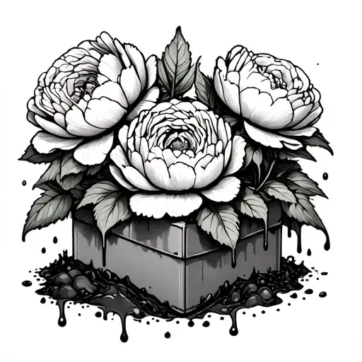 peonies in a box surrounded by slime and dirt tattoo design idea