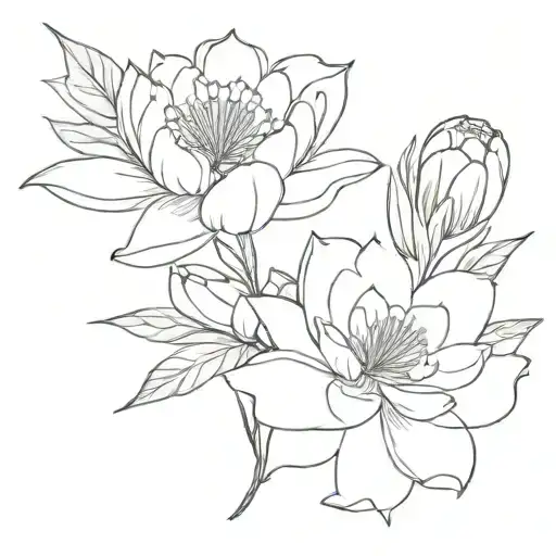 Carnation Peony Water Lilly Larkspur with leaf bouquet tattoo design idea
