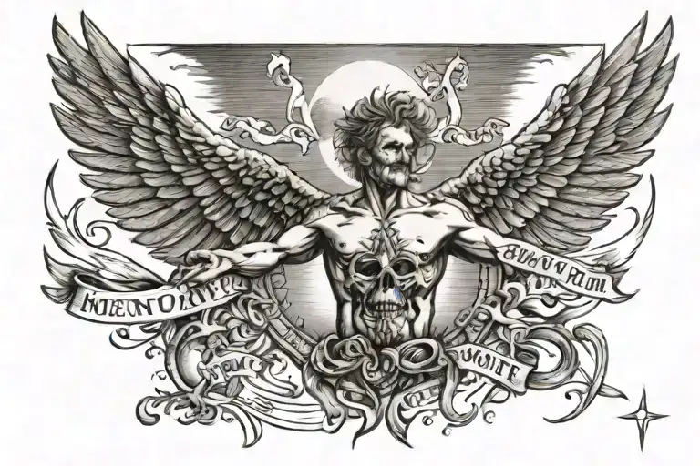 icarus falling from the sky,sun,memento mori text "memento mori" for chest men tattoo design idea