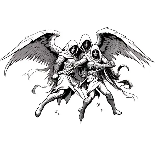hooded angel warriors fighting demons tattoo design idea