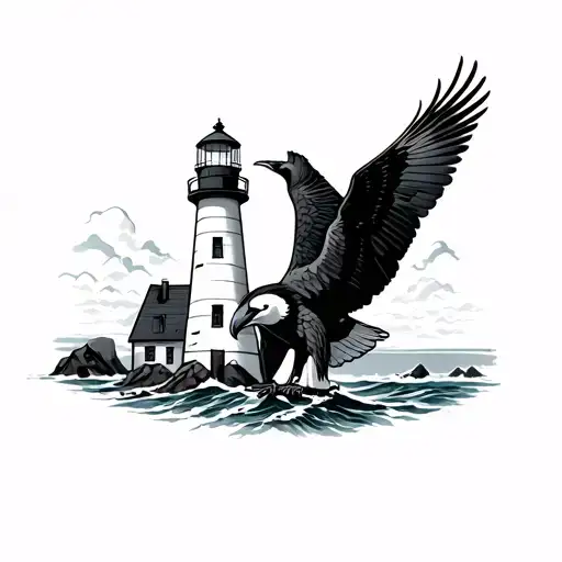 lighthouse, eagle, penguin tattoo design idea