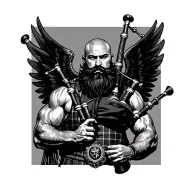 scottish bagpiper bald black beard muscular wearing glengarry pipes in arm big black wings tattoo design idea