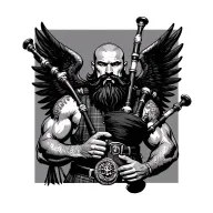 scottish bagpiper bald black beard muscular wearing glengarry pipes in arm big black wings tattoo design idea