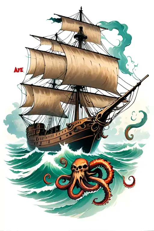 "in color with tentacles" pirate ship sailing through storm with kraken taking ship down tattoo design idea