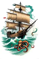 "in color with tentacles" pirate ship sailing through storm with kraken taking ship down tattoo design idea