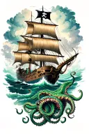 "in color with tentacles" pirate ship sailing through storm with kraken taking ship down tattoo design idea