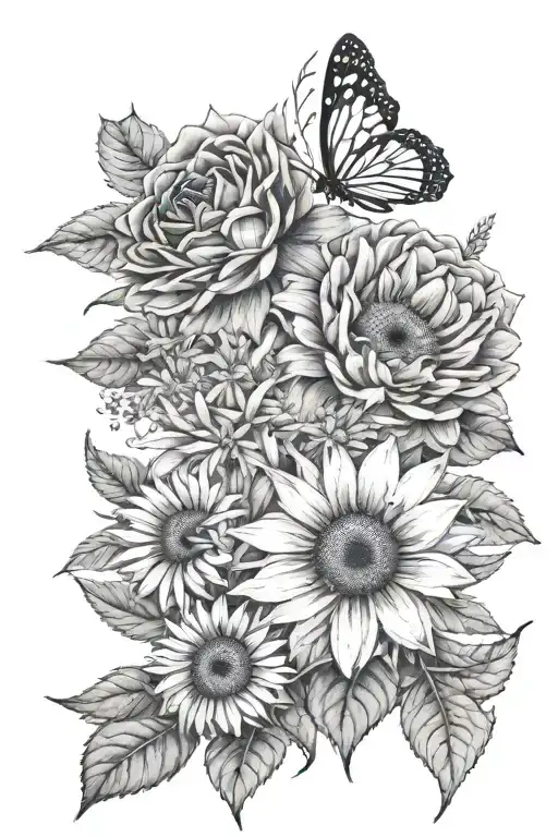 roses, daisies, dandelions, and sunflowers tattoo design idea