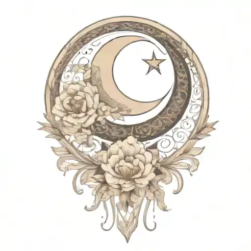 crescent moon above, floral, art nouveau  tattoo design idea