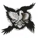 A highly detailed and intricate tattoo on the left quad extending down past the knee, blending elements of nature, strength, and personal symbolism. The design incorporates the Munro clan symbols with an eagle in a fierce fighting stance, wings open, mouth agape. The eagle symbolizes power and protection, with the words 'Dread God,' the clan motto, integrated into the design. The tattoo features a belt with three slightly cupped open palms, a knight in armor, two three-leaved clovers (☘️) symbolizing luck and nature, and bunched red wheat leaves, representing sacrifice and strength. The color scheme combines black, red, blue, and silver. Silver represents peacefulness, while red symbolizes sacrifice and power. The red and silver are balanced in the tattoo for contrast. The design should also include a mermaid in the upper leg sleeve, holding a comb in her left hand and a mirror in her right, representing beauty, self-care, and self-reflection. The motto 'Non Sibi' (Latin for 'Not for oneself') should be included, reflecting selflessness. The tattoo should blend these elements seamlessly into a cohesive design, using a combination of fierce symbolism, natural motifs, and rich colors to tell a powerful personal story. tattoo design idea