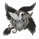 A highly detailed and intricate tattoo on the left quad extending down past the knee, blending elements of nature, strength, and personal symbolism. The design incorporates the Munro clan symbols with an eagle in a fierce fighting stance, wings open, mouth agape. The eagle symbolizes power and protection, with the words 'Dread God,' the clan motto, integrated into the design. The tattoo features a belt with three slightly cupped open palms, a knight in armor, two three-leaved clovers (☘️) symbolizing luck and nature, and bunched red wheat leaves, representing sacrifice and strength. The color scheme combines black, red, blue, and silver. Silver represents peacefulness, while red symbolizes sacrifice and power. The red and silver are balanced in the tattoo for contrast. The design should also include a mermaid in the upper leg sleeve, holding a comb in her left hand and a mirror in her right, representing beauty, self-care, and self-reflection. The motto 'Non Sibi' (Latin for 'Not for oneself') should be included, reflecting selflessness. The tattoo should blend these elements seamlessly into a cohesive design, using a combination of fierce symbolism, natural motifs, and rich colors to tell a powerful personal story. tattoo design idea