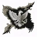 A highly detailed and intricate tattoo on the left quad extending down past the knee, blending elements of nature, strength, and personal symbolism. The design incorporates the Munro clan symbols with an eagle in a fierce fighting stance, wings open, mouth agape. The eagle symbolizes power and protection, with the words 'Dread God,' the clan motto, integrated into the design. The tattoo features a belt with three slightly cupped open palms, a knight in armor, two three-leaved clovers (☘️) symbolizing luck and nature, and bunched red wheat leaves, representing sacrifice and strength. The color scheme combines black, red, blue, and silver. Silver represents peacefulness, while red symbolizes sacrifice and power. The red and silver are balanced in the tattoo for contrast. The design should also include a mermaid in the upper leg sleeve, holding a comb in her left hand and a mirror in her right, representing beauty, self-care, and self-reflection. The motto 'Non Sibi' (Latin for 'Not for oneself') should be included, reflecting selflessness. The tattoo should blend these elements seamlessly into a cohesive design, using a combination of fierce symbolism, natural motifs, and rich colors to tell a powerful personal story. tattoo design idea