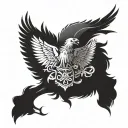 A highly detailed and intricate tattoo on the left quad extending down past the knee, blending elements of nature, strength, and personal symbolism. The design incorporates the Munro clan symbols with an eagle in a fierce fighting stance, wings open, mouth agape. The eagle symbolizes power and protection, with the words 'Dread God,' the clan motto, integrated into the design. The tattoo features a belt with three slightly cupped open palms, a knight in armor, two three-leaved clovers (☘️) symbolizing luck and nature, and bunched red wheat leaves, representing sacrifice and strength. The color scheme combines black, red, blue, and silver. Silver represents peacefulness, while red symbolizes sacrifice and power. The red and silver are balanced in the tattoo for contrast. The design should also include a mermaid in the upper leg sleeve, holding a comb in her left hand and a mirror in her right, representing beauty, self-care, and self-reflection. The motto 'Non Sibi' (Latin for 'Not for oneself') should be included, reflecting selflessness. The tattoo should blend these elements seamlessly into a cohesive design, using a combination of fierce symbolism, natural motifs, and rich colors to tell a powerful personal story. tattoo design idea