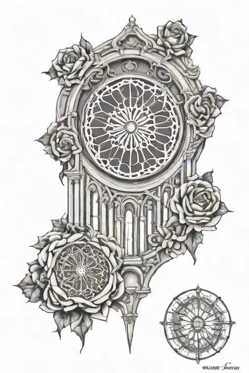 rose window gothic style cathedral tower tattoo design idea