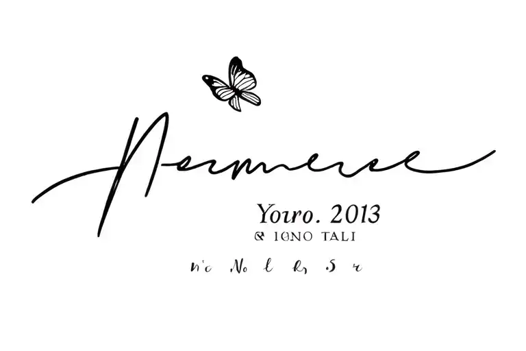 name written with date and small butterfly emerging tattoo design idea