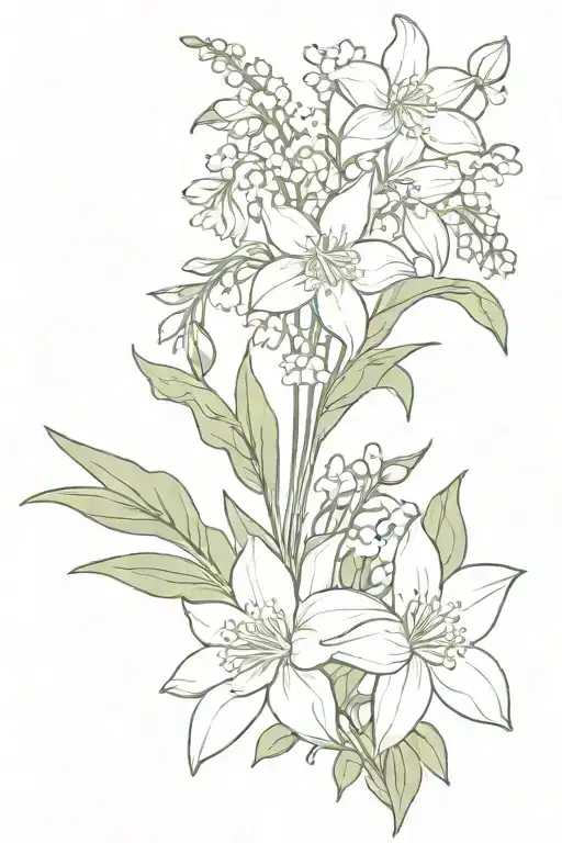 birth flower bouquet with daffodil, daisy, lily of the valley, and Hawthorne  tattoo design idea