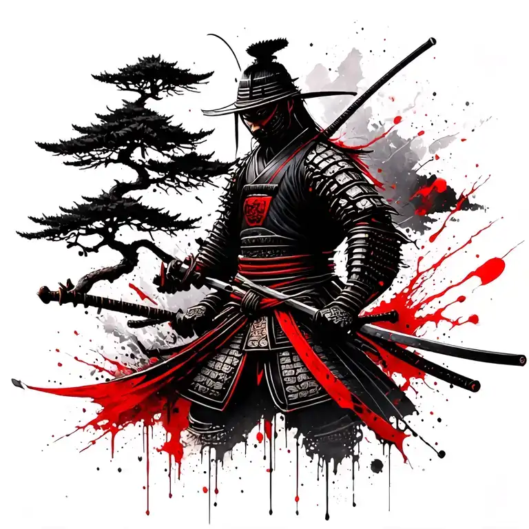 samurai warrior with bonsai in the back ground tattoo design idea