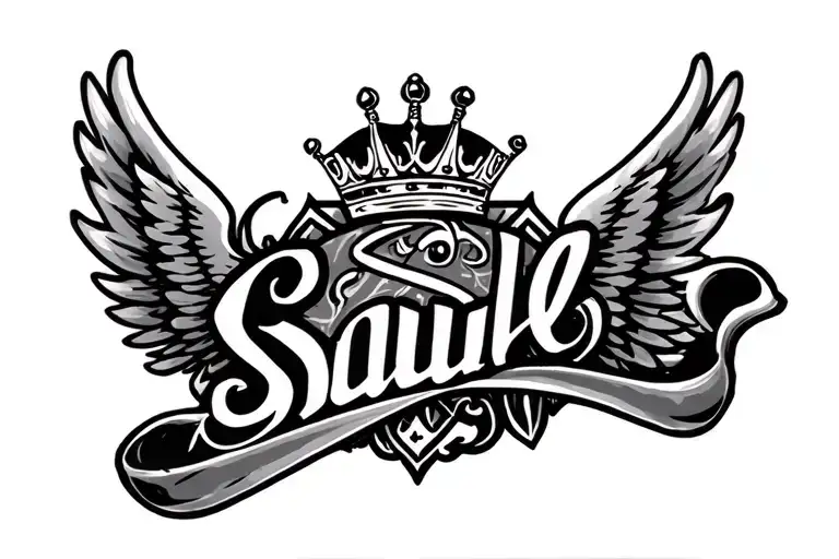 Make me a tattoo that in the Ponga Saul center that has two wings on each side name with fine lines underneath and a crown tattoo design idea